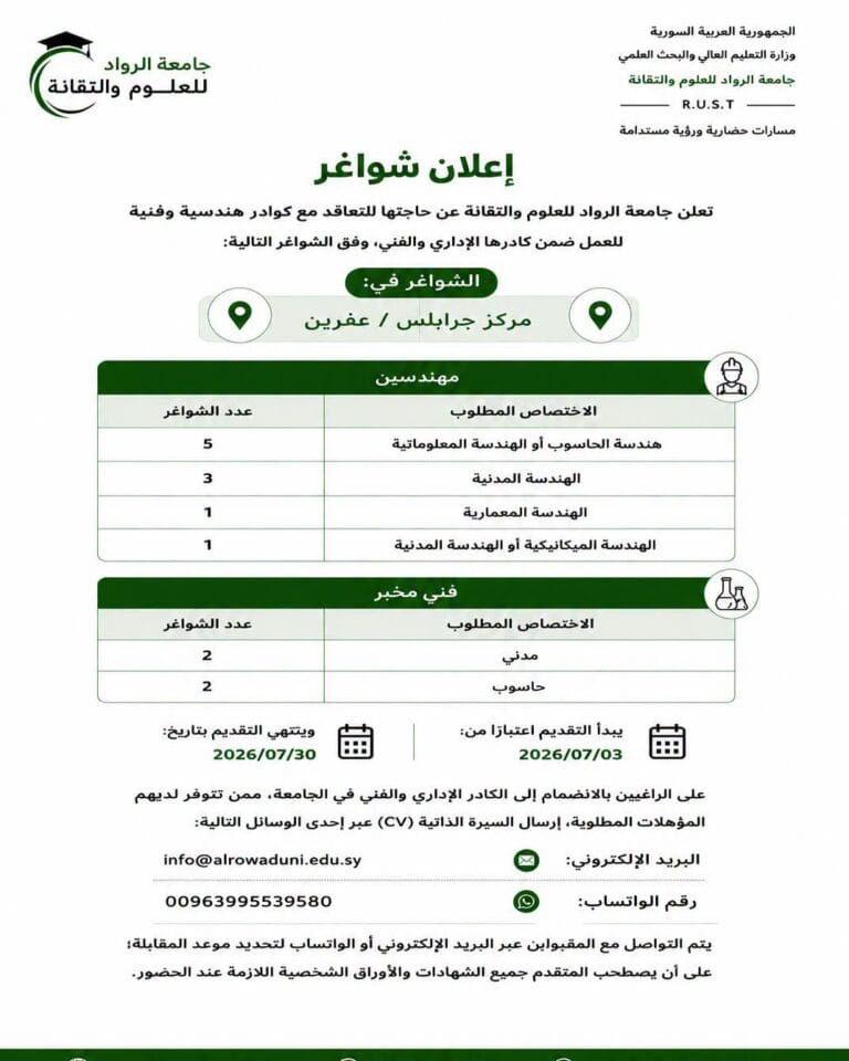 تعلن جامعة الرواد عن حاجتها للتعاقد مع كوادر هندسية وفنية